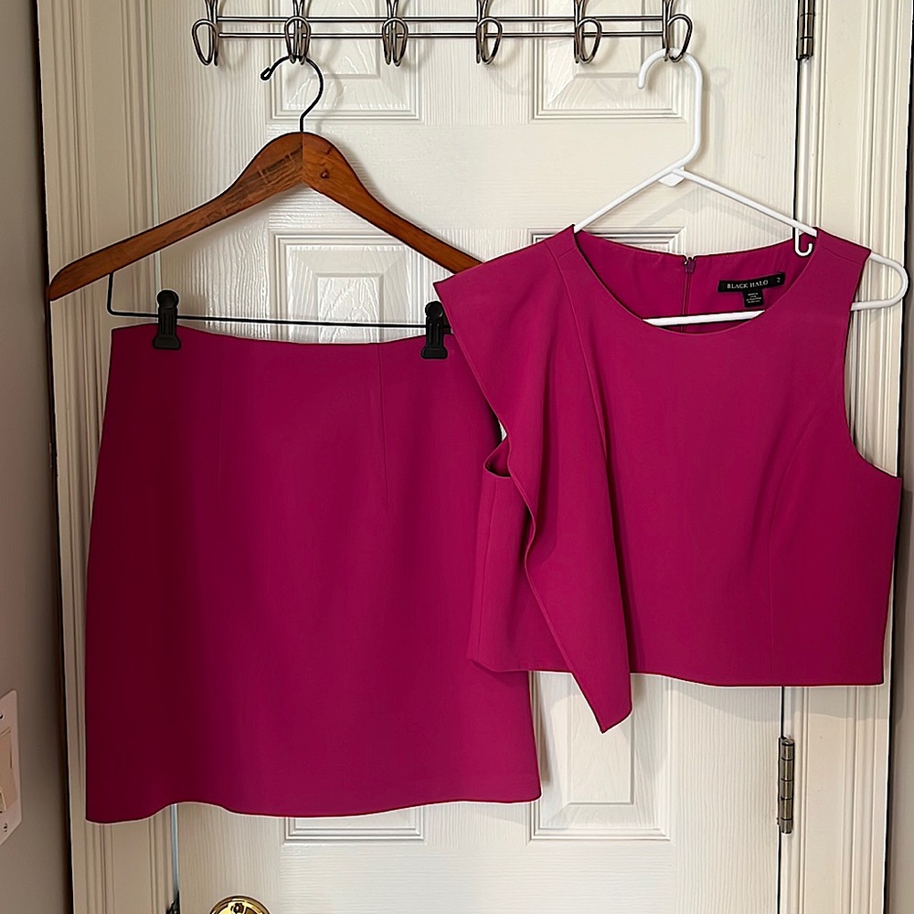 Black Halo Two Piece Dress; Fuschia, one ruffle sleeve, A-line skirt
